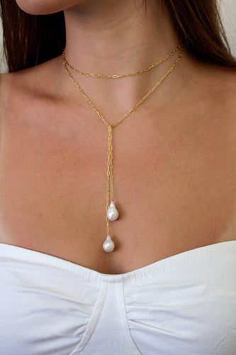 Breathless Tie Lariat Pearl Necklace