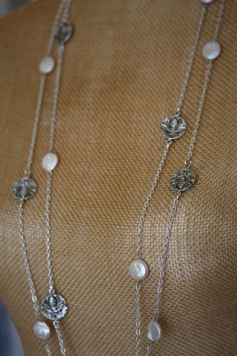 Silver Bee and Genuine Freshwater Coin Pearl Necklace
