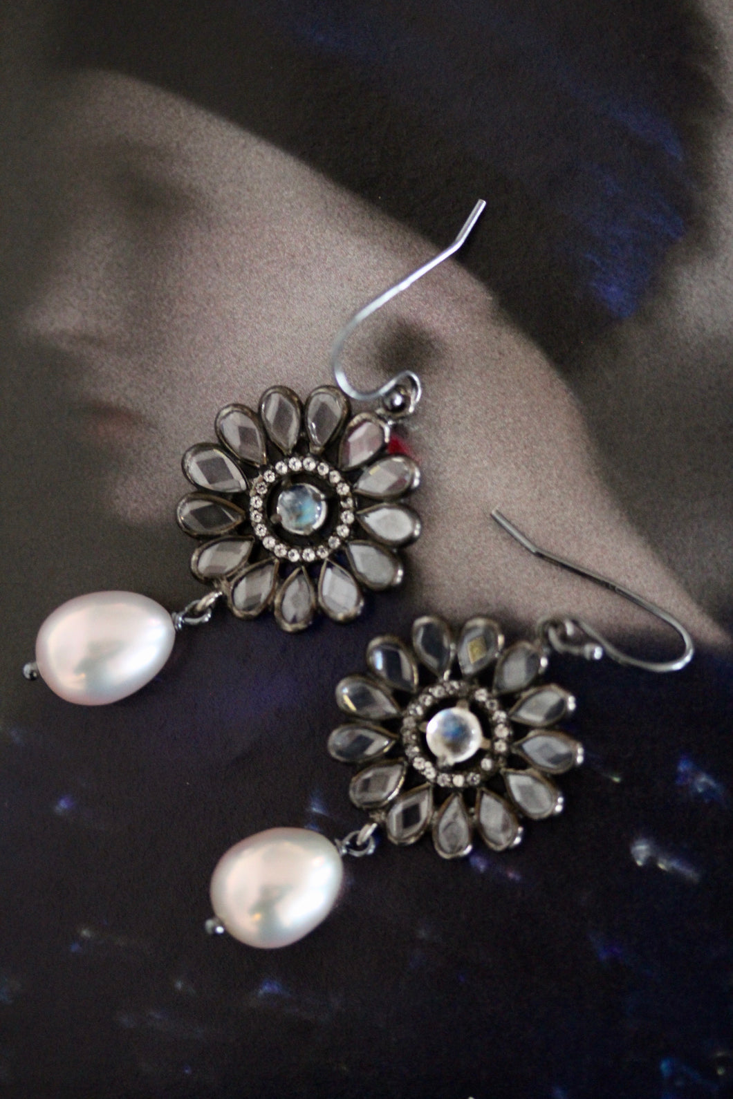 Topaz Daisy and Apricot Pearl Earrings